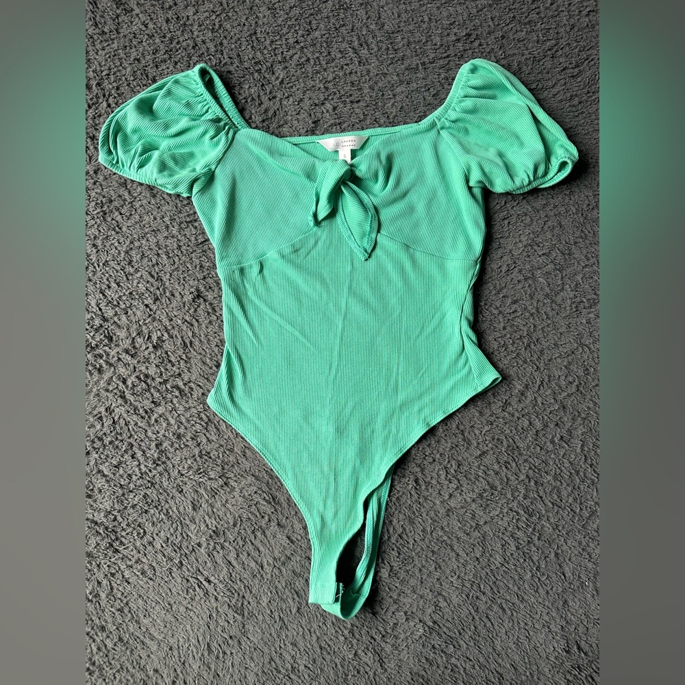 LC Lauren Conrad Bodysuit Seafoam Green Thong Back, Size Small EUC!